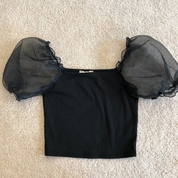 Altar'd State Tops - NWOT Altar'd State Black Sheer Puffy Sleeve Ribbed Crop Top Shirt Blouse
